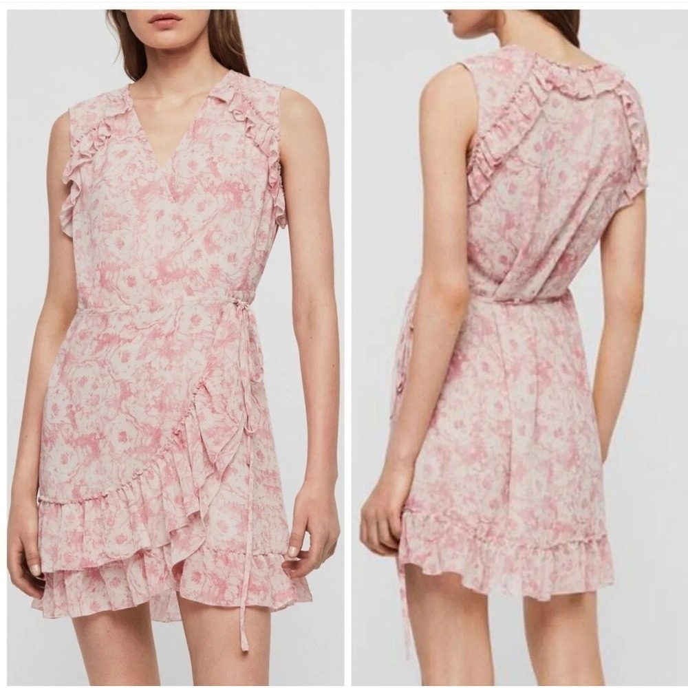 AllSaints Pink Floral Ruffle Wrap Mini Dress Sleeveless V-Neck XS